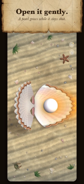 Open it gently: the scallop half open on the sand with a white pearl inside