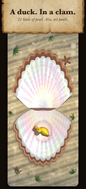 A duck. In a clam: a yellow rubber duck in the open scallop