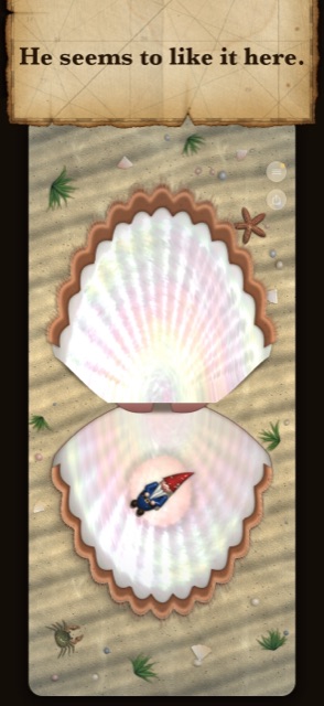 He seems to like it here: a garden gnome lying in the scallop