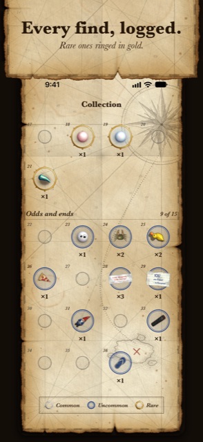 Every find, logged: the collection, finds in rarity rings on a sea chart, some still to find